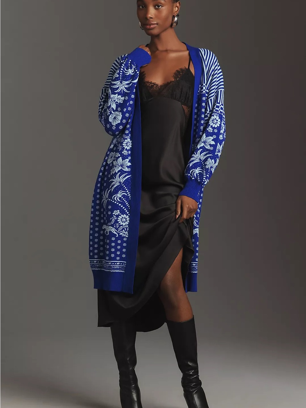 Anthropologie Farm Rio Navy & White Floral Open-Front Knit Cardigan